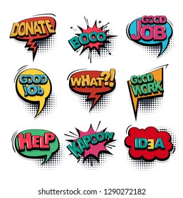 Help boo good job comic text collection sound effects pop art style. Set vector speech bubble with word and short phrase cartoon expression illustration. Comics book colored background template.