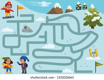 Help the boy to find a correct way down the hill to meet friends. Labyrinth game for kids. Vector illustration.