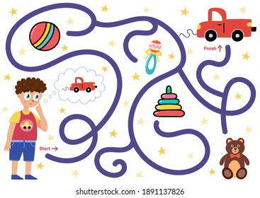 Help The Boy Find Path To The Toy Car. Choose The Correct Way Maze Puzzle For Kids. Funny Labyrinth Game. Vector Illustration