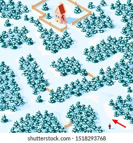 Help the boy find the way to the house in the winter forest. Children's game riddle maze.