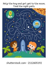 Help boy and girl get to moon. Find right path. Maze game, activity for kids.  Vector illustration.