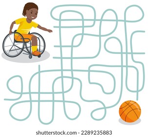 Hilf dem Jungen im Rollstuhl, den Ball zu holen. Maze-Spiel auf weißem Hintergrund. Cartoon, Vektorgrafik für Kinderunterhaltung.