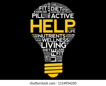 HELP bulb word cloud collage, health concept background