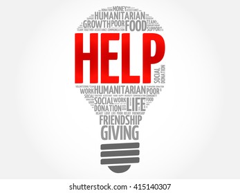 HELP bulb word cloud collage concept