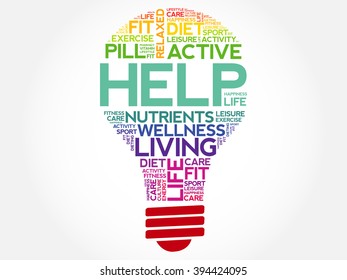 HELP bulb word cloud, health concept background