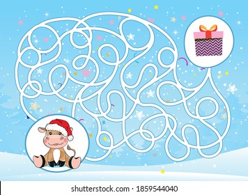 Help the bull find his way to gifts for the new year 2021. Maze for children, puzzle, educational games for the kindergarten. New Year s game with a cute animal. Labyrinth in flat cartoon design