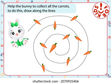 Help the bunny to collect all the carrots, to do this, draw along the lines. Play activities for children. 