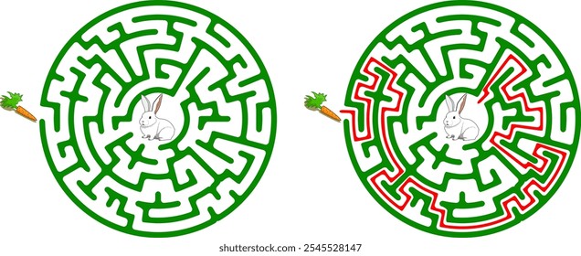 Help bunny pass through circular maze to find carrot. Feed the hungry pet labyrinth. Not hard riddle for kids and parents with solution.