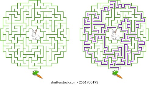 Help bunny pass through circular maze to find carrot. Feed the hungry pet labyrinth. Medium difficulty riddle for kids and parents with solution.