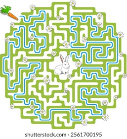 Help bunny pass through circular maze to find carrot. Feed the hungry pet labyrinth. Medium difficulty riddle for kids and parents with solution.