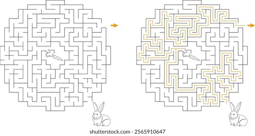 Help bunny pass through circular maze to find carrot. Feed the hungry pet labyrinth. Medium difficulty riddle for kids and parents with solution.