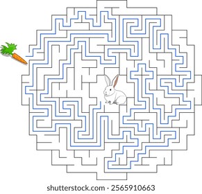 Help bunny pass through circular maze to find carrot. Feed the hungry pet labyrinth. Medium difficulty riddle for kids and parents with solution.