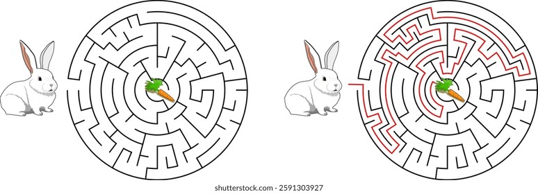 Help bunny pass through circular maze to find carrot. Feed the hungry pet labyrinth. Not hard riddle for kids and parents with solution.