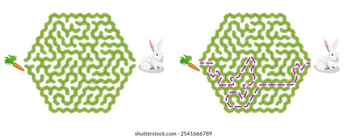 Help bunny pass through green hedge maze to find carrot. Feed the hungry pet labyrinth. Family riddle for kids and parents with solution - red passing route