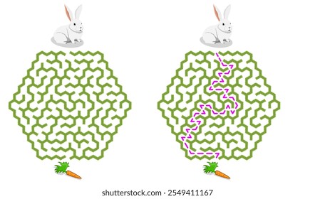 Help bunny pass through green hedge maze to find carrot. Feed the hungry pet labyrinth. Family riddle for kids and parents with solution - red passing route