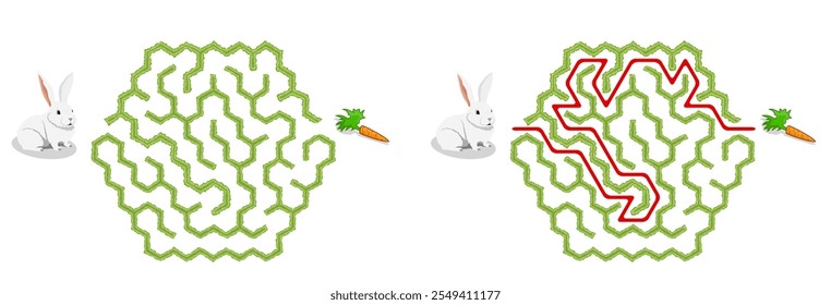 Help bunny pass through green hedge maze to find carrot. Feed the hungry pet labyrinth. Family riddle for kids and parents with solution - red passing route