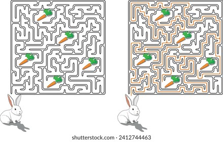 Help bunny pass through maze to find all carrots. Feed the hungry pet labyrinth. Game for kids and parents with solution - passing route