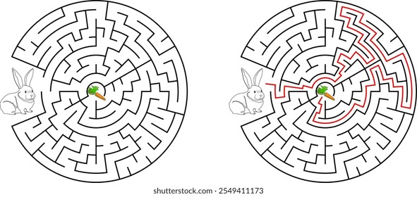 Help bunny pass through maze to find carrot. Feed the hungry pet labyrinth. Not hard riddle for kids and parents with solution.