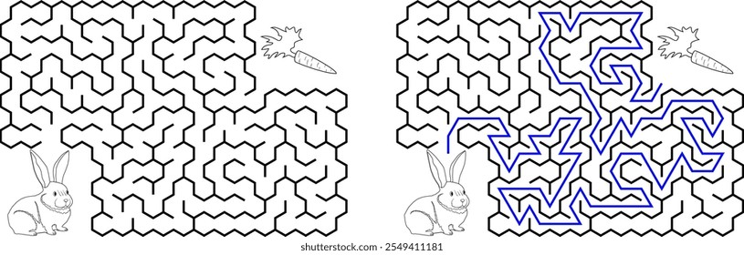 Help bunny pass through maze to find carrot. Feed the hungry pet labyrinth. Not hard riddle for kids and parents with solution.