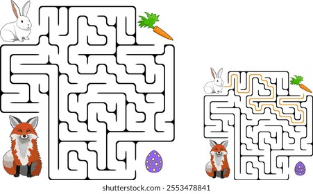 Help bunny pass through maze to find carrot and avoid the fox. Feed the hungry rabbit labyrinth. Not hard riddle for kids and parents with solution.