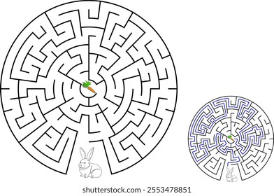 Help bunny pass through maze to find carrot. Feed the hungry pet labyrinth. Not hard riddle for kids and parents with solution.