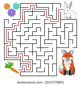 Help bunny pass through maze to find carrot and avoid the fox. Feed the hungry rabbit labyrinth. Not hard riddle for kids and parents with solution.