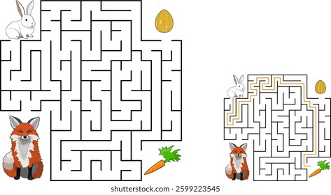 Help bunny pass through maze to find carrot and avoid the fox. Feed the hungry rabbit labyrinth. Not hard riddle for kids and parents with solution.