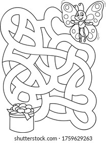 Help the butterfly to find her gift. Coloring page outline of the cartoon labyrinth. Colorful vector illustration of educational maze game for preschool children, summer coloring book for kids. 