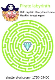 Help captain Henry Handsome Hawkins to get a gem. Colorful circle maze with pirate and brilliant. Educational and funny visual game. Pirate captain with two teeths and skull hat want to get brilliant.