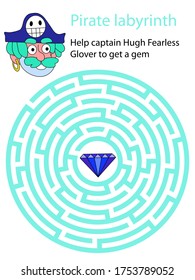 Help captain Hugh Fearless Glover to get a gem. Friendly smiling pirate looking for blue brilliant in labyrinth. Colorful circle maze for kids. Kindergarten visual game with cartoon pirate. 