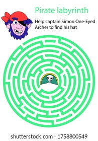 Help captain Simon One-Eyed Archer to find his hat. Pirate labyrinth educational circle maze game for kids. Pirate adventure visual puzzle. Funny childish pirate to search right way into labyrinth.