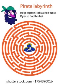 Help captain Tobias Red-Nose Dyer to find his hat. Children circle maze actiivity stock vector illustration. Funny beard pirat looking for his missed blue hat. Labyrinth game for kids. One of a series