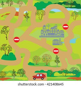 Help car driver to find way to city. Educational game maze for children. Vector illustration