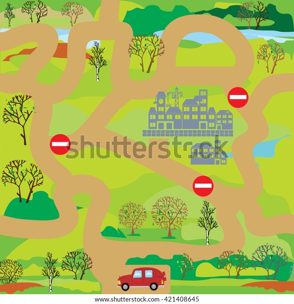 Help car driver to find way to city.\
Educational game maze for children. Vector\
illustration