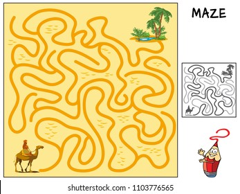 Help the caravan of camels to go through the desert to the oasis. Educational maze game for children. Cartoon vector illustration