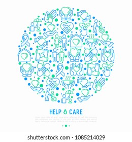 Help and care concept in circle with thin line icons: symbols of support, help for children and disabled, togetherness, philanthropy and donation. Modern vector illustration, template for print media.