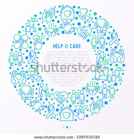 Help and care concept in circle with thin line icons: symbols of support, help for children and disabled, togetherness, philanthropy and donation. Modern vector illustration, template for print media.