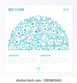 Help and care concept in half circle with thin line icons: symbols of support, help for children and disabled, togetherness, philanthropy. Modern vector illustration, template for print media.