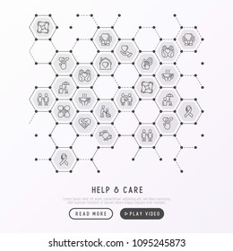 Help and care concept in honeycombs with thin line icons: symbols of support, help for children and disabled, togetherness, philanthropy and donation. Vector illustration, template for print media.