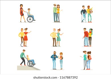 Help and care for disabled people set for label design. Cartoon detailed colorful Illustrations