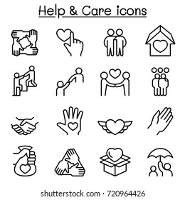 Help, care, Friendship, Generous & Charity icon set in thin line style