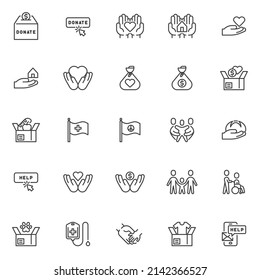 Help And Care Line Icons Set. Linear Style Symbols Collection, Outline Signs Pack. Charity And Donation Vector Graphics. Set Includes Icons As Family, Disabled Person, Volunteer, Money Donate Box