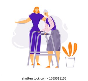 Help and Care Old People Concept. Female Character Helps Elderly Woman to Walk. Senior Patient and Nurse. Pensioner Therapy. Vector flat cartoon illustration