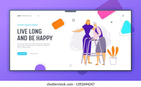 Help and Care Old People Concept Landing Page. Female Character Helps Elderly Woman to Walk. Senior Patient and Nurse. Pensioner Therapy Banner Website. Vector flat cartoon illustration