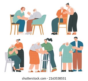 Help and Care Old People Concept. Volunteer young people help elderly people walk, support and talk to them. Set of hand drawn vector illustrations isolated on white