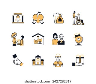 Help and care for those in need - line design style icons set with editable stroke. Charitable organization, share love, look after a disabled person, give a gift, take care of animals, volunteer idea