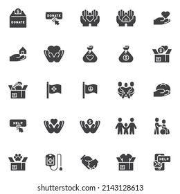 Help And Care Vector Icons Set, Modern Solid Symbol Collection, Filled Style Pictogram Pack. Signs, Logo Illustration. Set Includes Icons As Family, Disabled Person, Volunteer, Money Donate Box