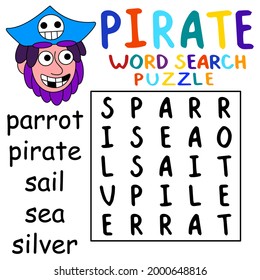 Help cartoon pirate find all words into word search puzzle educational game for children vector illustration