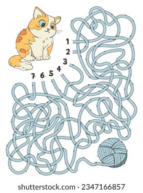 Help cat find the right thread that leads to the ball of wool. Children logic game to pass the maze. Educational game for kids. Attention task. Choose right path. Funny cartoon character