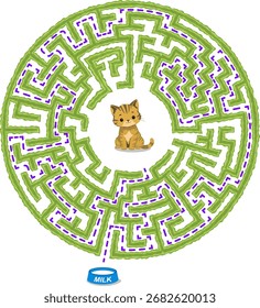 Help the cat to find way out to get milk. Vector green medium difficulty round hedge maze Illustration isolated on white background.